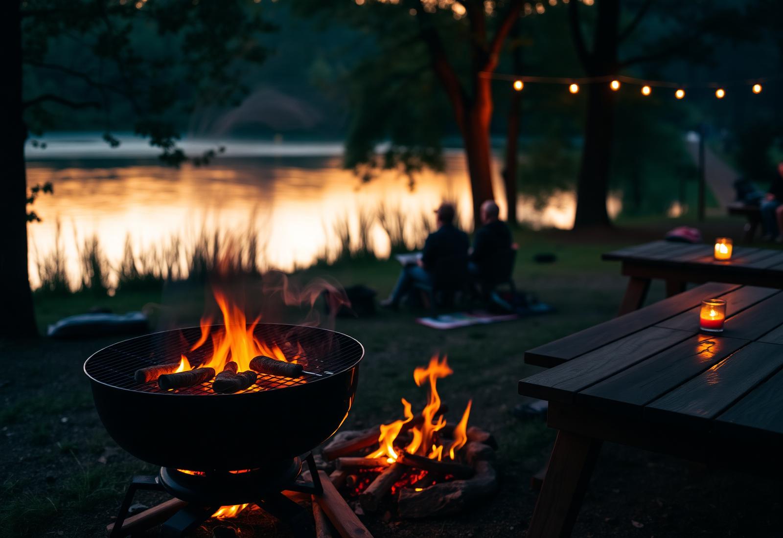 Grill i ognisko nad rzeką o zmierzchu